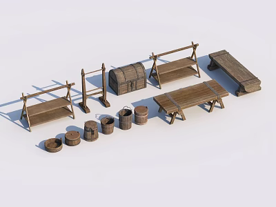 Rustic Wooden Scene Components with Benches Chest Buckets and Stands 3d model