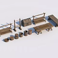 Rustic Wooden Scene Components with Benches Chest Buckets and Stands 3d model