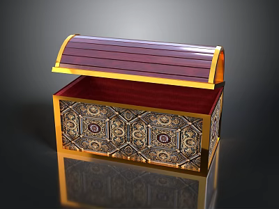 Open Treasure Chest With Purple Lid Golden Decorations And Red Velvet Interior 3d model