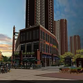 Vibrant Commercial Street At Sunset With High Rise Buildings Pedestrians Shops And Greenery