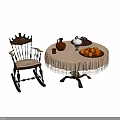 Vintage Rocking Chair With Round Table Lace Tablecloth Clay Jug Oil Lamp And Fruit Plate