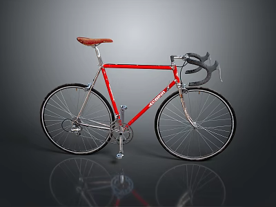 Red Road Bicycle With Brown Leather Seat Curved Handlebars And Chrome Frame 3d model