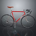 Red Road Bicycle With Brown Leather Seat Curved Handlebars And Chrome Frame