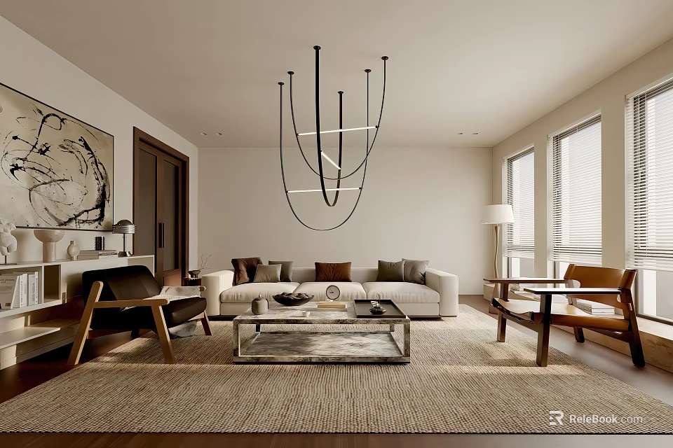 Modern Living Room Interior With Sofa Coffee Table Chandelier Area Rug And Windows 3d model 