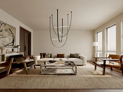 Modern Living Room Interior With Sofa Coffee Table Chandelier Area Rug And Windows 3d model