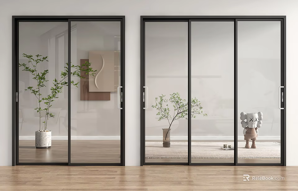 Minimalist Interior Featuring Black Framed Glass Sliding Doors Indoor Plants And Stuffed Toy 3d model 