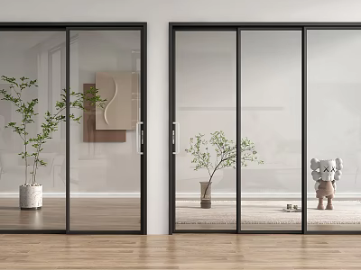 Minimalist Interior Featuring Black Framed Glass Sliding Doors Indoor Plants And Stuffed Toy 3d model