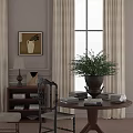 Round Table And Antique Chair Set With Potted Plant Books Table Lamp And Bookshelf