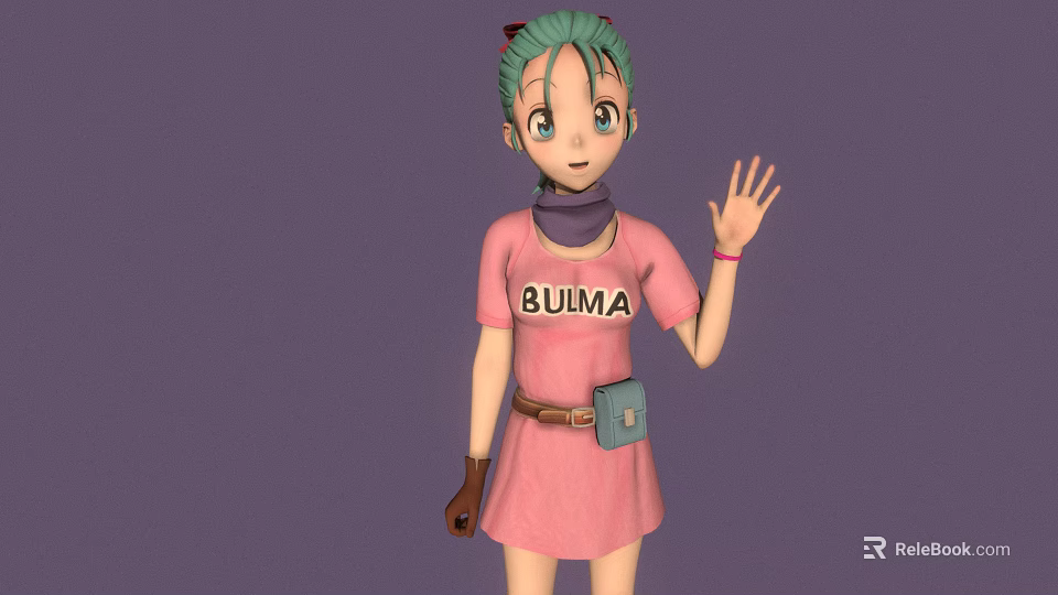 Cartoon Character With Green Hair Pink BUIMA Dress Purple Scarf And Waving Hand 3d model 