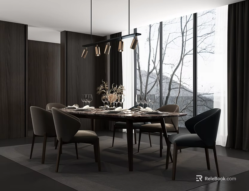 Modern Dining Table Set With Chairs Hanging Lights Tableware And Scenic Window View 3d model