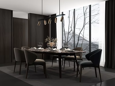 Modern Dining Table Set With Chairs Hanging Lights Tableware And Scenic Window View 3d model