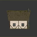 Cartoon Cottage Scene With Mossy Tiled Roof Chimney And Wooden Framed Windows