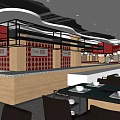 Modern Restaurant Interior With Red Decor Round Pendant Lights Long Bar Counter Tables And Chairs