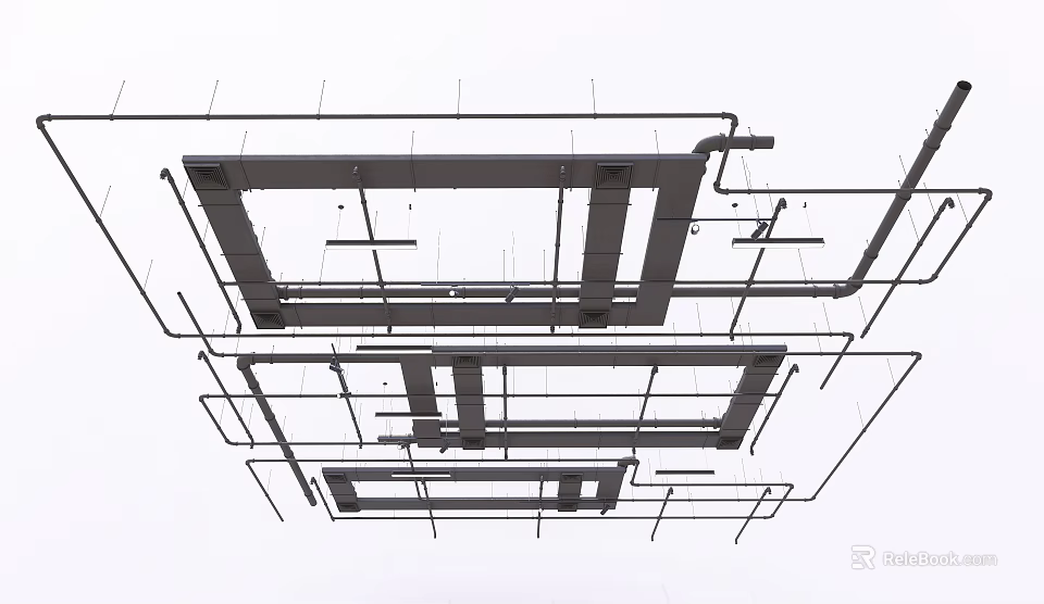 Modern Ceiling Design With Structural Framework And Geometric Suspended Lines 3d model