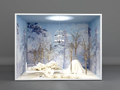 Shop Window Display with Blue Painted Background and Hanging Birdcage Bare Trees White Decorative Elements 3d model