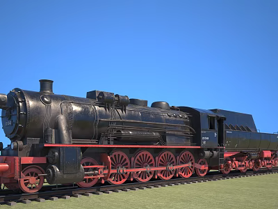 Black Steam Train With Red Wheels On Railway Track Under Blue Sky And Green Grass 3d model