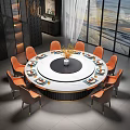 Modern Round Marble Dining Table with Beige Chairs Lazy Susan Golden Legs and Flower Arrangement
