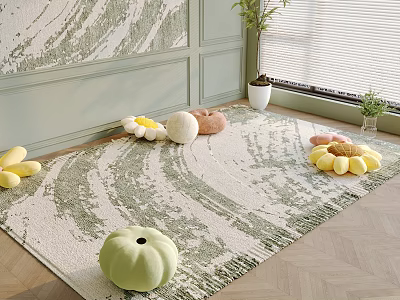 Public Chair In Room With Light Green Wall Patterned Rug And Plush Pillows 3d model