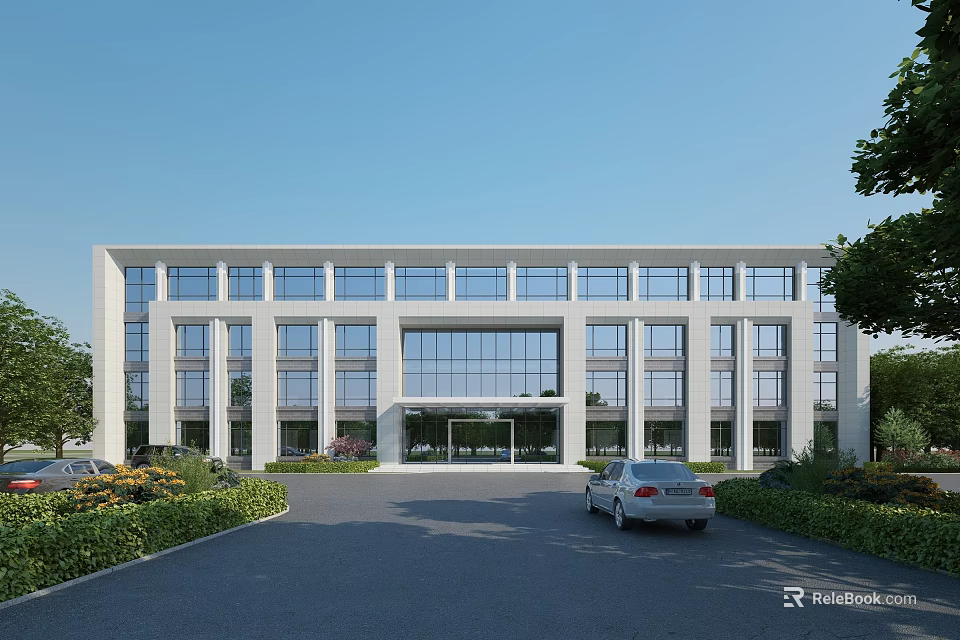 Modern White Office Building Featuring Large Glass Windows Spacious Driveway Lush Greenery and Silver Car 3d model 