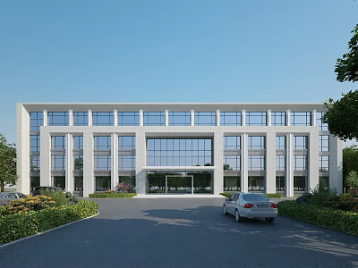 Modern White Office Building Featuring Large Glass Windows Spacious Driveway Lush Greenery and Silver Car 3d model
