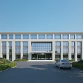 Modern White Office Building Featuring Large Glass Windows Spacious Driveway Lush Greenery and Silver Car