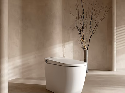 Modern White Toilet in Bathroom with Beige Wall Vase Dry Branches and Natural Light Shadows 3d model