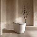 Modern White Toilet in Bathroom with Beige Wall Vase Dry Branches and Natural Light Shadows