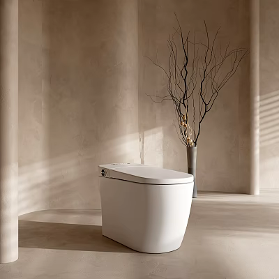 Modern White Toilet in Bathroom with Beige Wall Vase Dry Branches and Natural Light Shadows 3d model