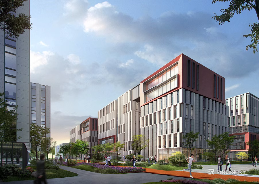 Modern Office Building With Red Roof Glass Curtain Walls And Pedestrian Green Areas 3d model 