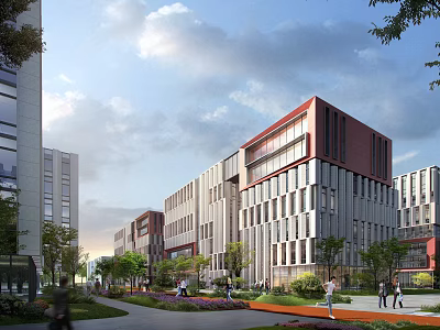 Modern Office Building With Red Roof Glass Curtain Walls And Pedestrian Green Areas 3d model
