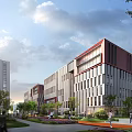 Modern Office Building With Red Roof Glass Curtain Walls And Pedestrian Green Areas