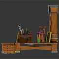 Wooden Work Desk With Tools Barrel Chalkboard Steps And Small Items On Platform 3d model