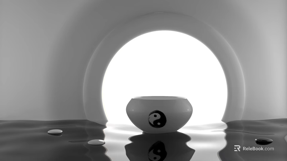 Black And White Yin Yang Bowl On Water Surface With Ripples And Arched Light 3d model 