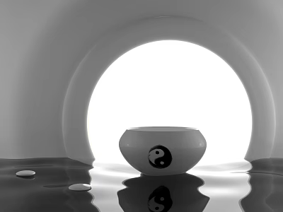 Black And White Yin Yang Bowl On Water Surface With Ripples And Arched Light 3d model