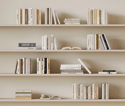 Light Colored Bookshelf with Various Books in Upright Flat and Open Positions Neatly Arranged 3d model