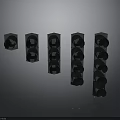 Five Black Traffic Lights Arranged in Row With Circular Lamp Holes and Gray Reflective Background