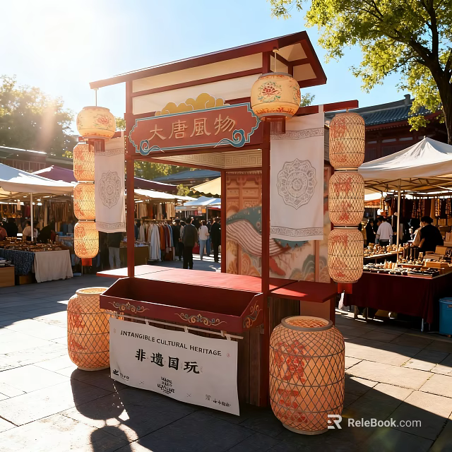 Commercial Outdoor Datang Style Setup with Lanterns at Traditional Cultural Heritage Market Festival 3d model 