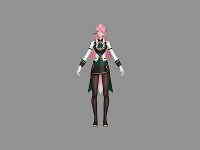 Game Anime Character With Pink Hair White Green Top Black Skirt And Long Stockings 3d model