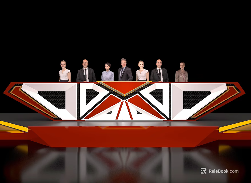 Seven People Standing On Unique Geometric Stage With Red And White Design 3d model 