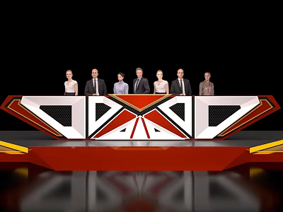 Seven People Standing On Unique Geometric Stage With Red And White Design 3d model