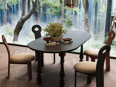 Natural Style Oval Dining Table Set With Chairs Forest Backdrop And Plant Decoration 3d model