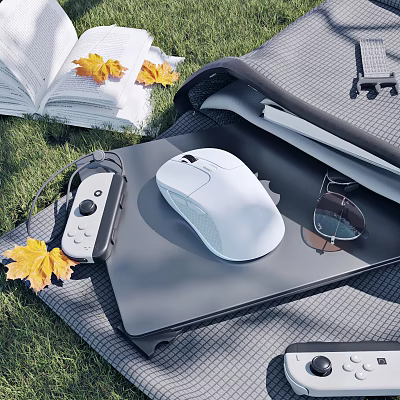 Decorative Ornament Set Featuring Open Book Maple Leaves Game Controller White Mouse Sunglasses on Grass 3d model