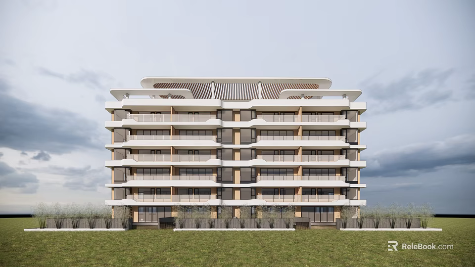 Modern Multi storey Apartment Building With Balconies Roof Design And Grass Field 3d model 