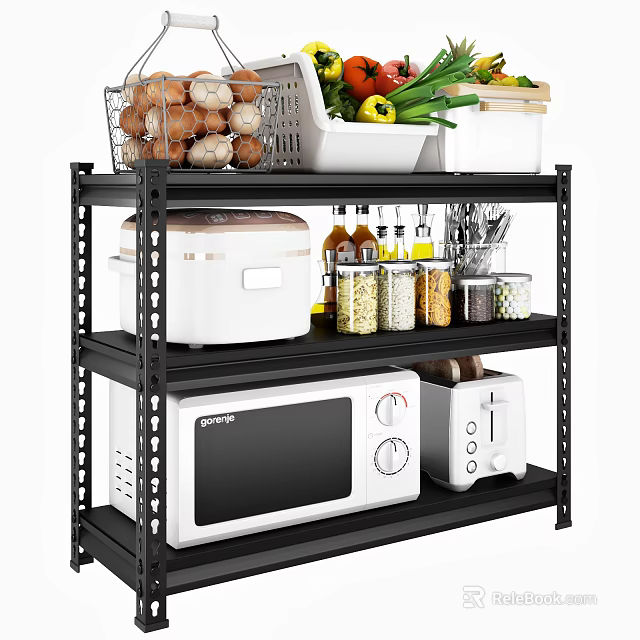 Practical Kitchen Storage Shelf With Microwave Toaster Rice Cooker Vegetables And Eggs For Organizing 3d model 
