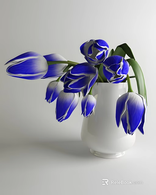 White Ceramic Vase With Blue And White Tulips For Home Decoration 3d model 