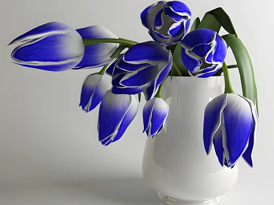 White Ceramic Vase With Blue And White Tulips For Home Decoration 3d model