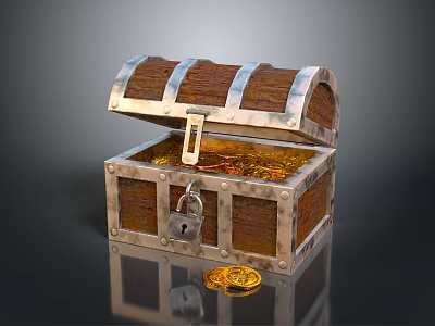 Vintage Wooden Chest as Home Living Accessory with Gold Coins Metal Bands Lock and Key 3d model