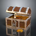 Vintage Wooden Chest as Home Living Accessory with Gold Coins Metal Bands Lock and Key