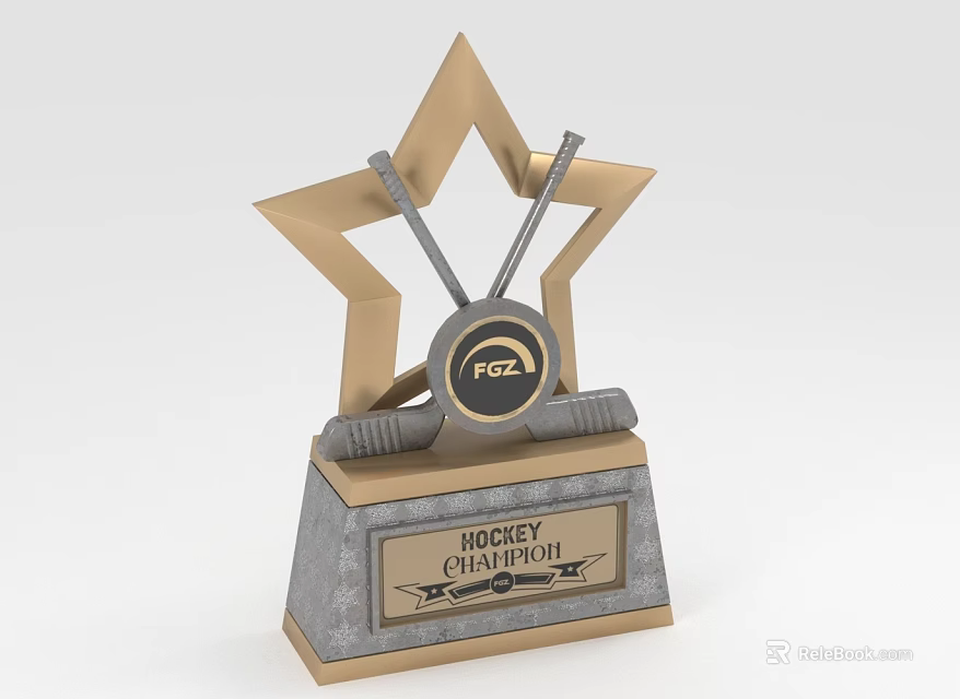 Hockey Championship Trophy With Star Shaped Top And Hockey Sticks Puck Logo On Base 3d model 