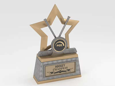 Hockey Championship Trophy With Star Shaped Top And Hockey Sticks Puck Logo On Base 3d model